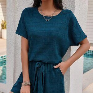 Women's Dark Green Short Sleeve Round Neck Pocket Set Short & Top M